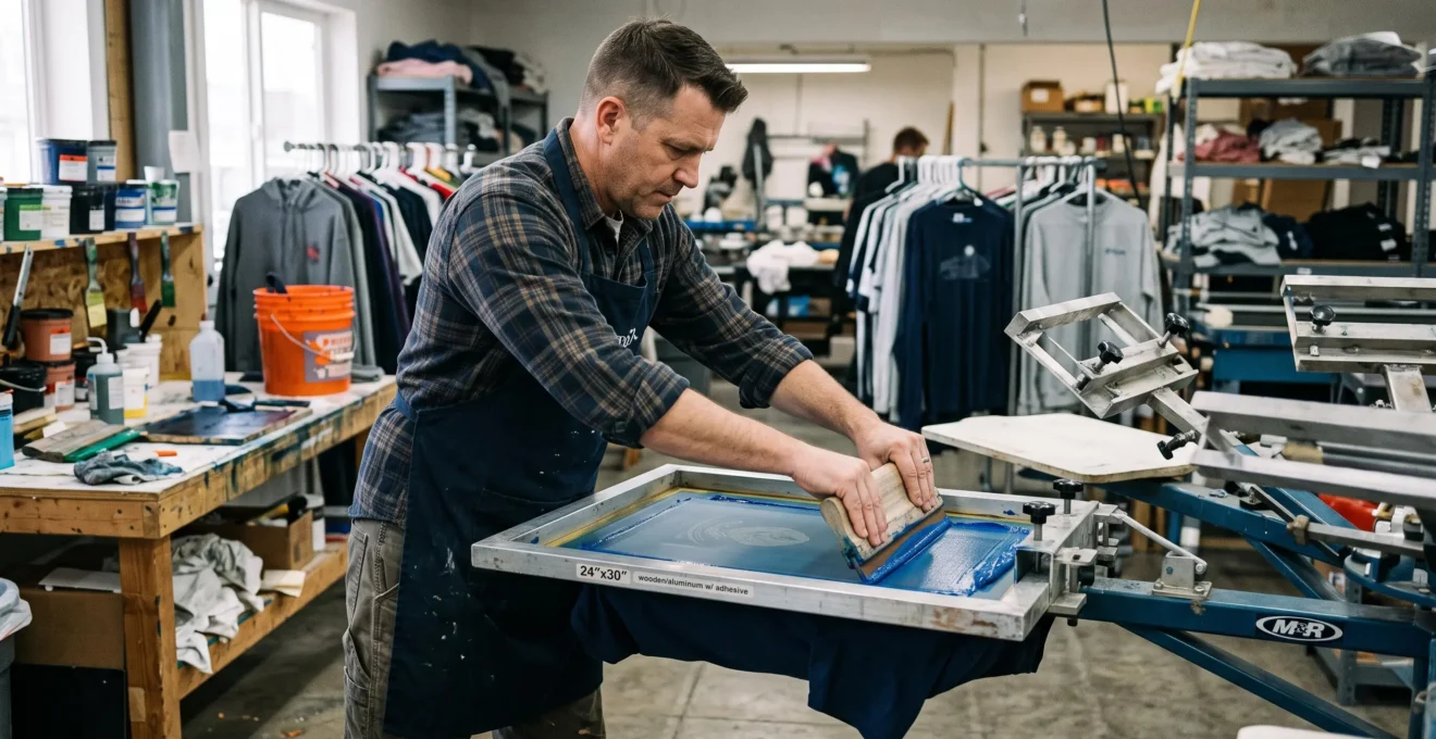 Un imprimeur tire une raclette sur un écran de sérigraphie pour déposer un motif sur un t-shirt bleu marine dans un atelier de marquage textile.