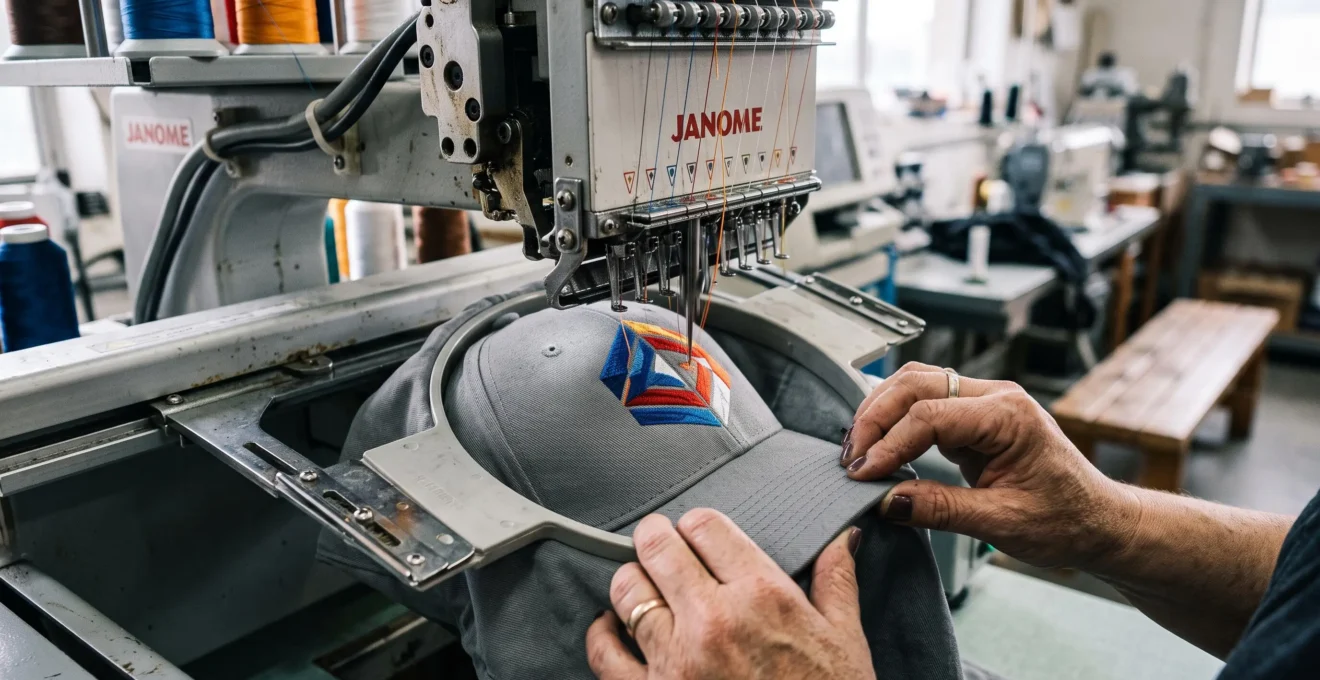 Gros plan sur une machine à broder industrielle réalisant un motif coloré sur une casquette grise, les fils colorés visibles au-dessus de la zone de couture.