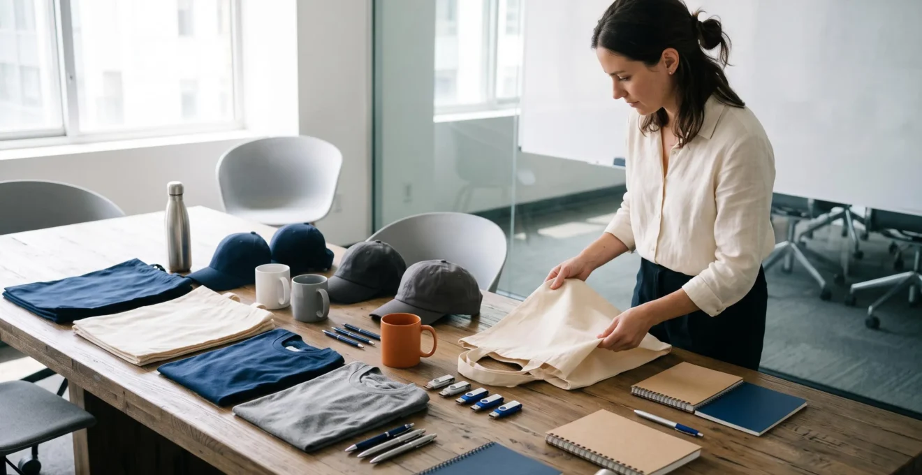 Une femme examine un tote bag en tissu posé sur une table réunissant différents objets publicitaires personnalisables : textile, mugs, stylos, clés USB et gourdes.