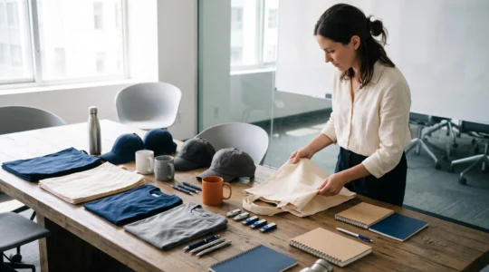 Une femme examine un tote bag en tissu posé sur une table réunissant différents objets publicitaires personnalisables : textile, mugs, stylos, clés USB et gourdes.